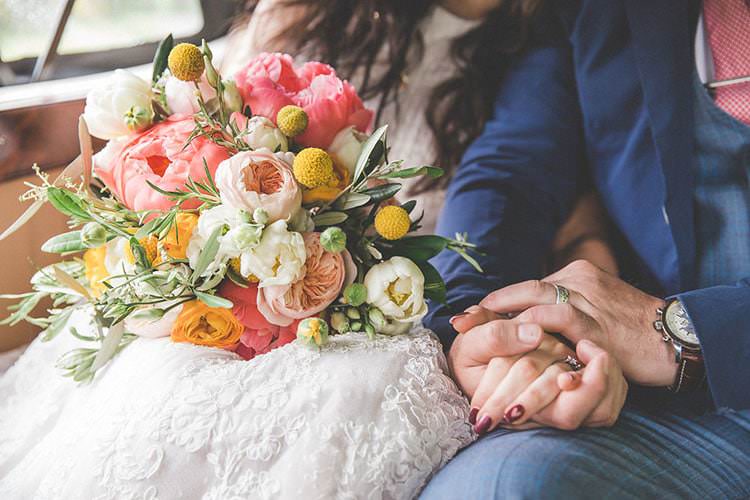 Whimsical Bouquet Coral Peony Peonies Billy Ball Yellow Ribbons Wild Flowers Bride Bridal Playful Peach Wedding Ideas http://www.kelleequinnphotography.com/