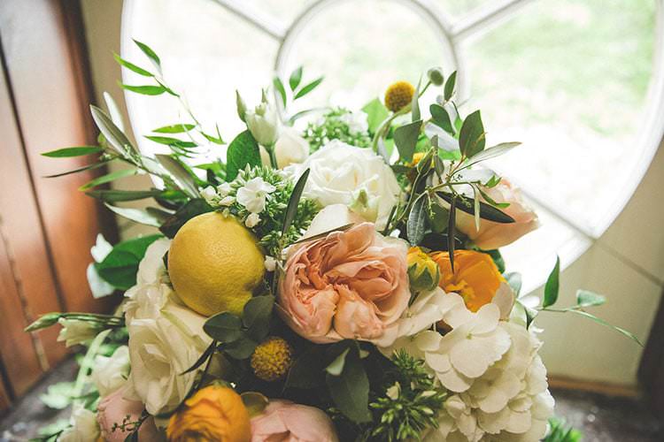 Whimsical Bouquet Lemons Roses Yellow Wild Flowers Bride Bridal Playful Peach Wedding Ideas http://www.kelleequinnphotography.com/