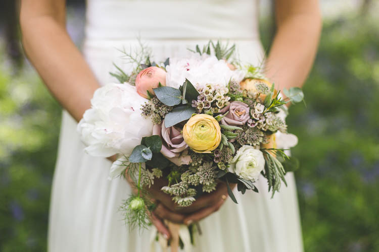 Spring Flowers Bouquet Bride Bridal Yellow Peony Rose DIY Pretty Pink Bluebell Woods Wedding http://kirstymackenziephotography.co.uk/