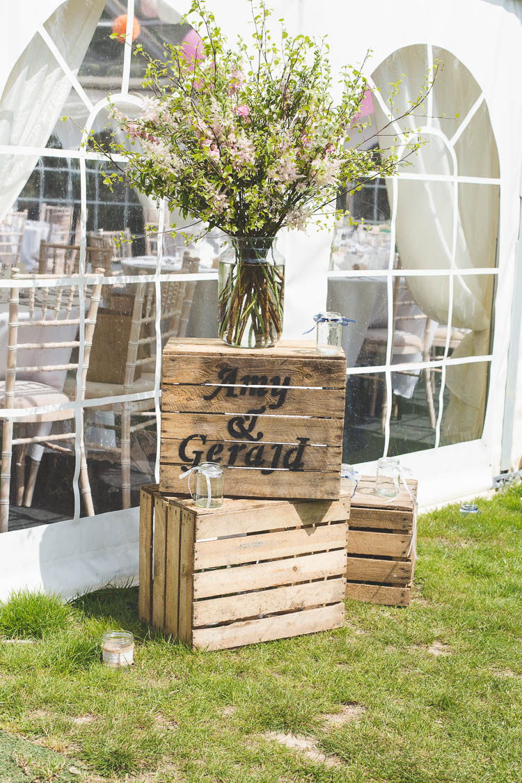 Crate Decor Sign Flowers Marquee DIY Pretty Pink Bluebell Woods Wedding http://kirstymackenziephotography.co.uk/