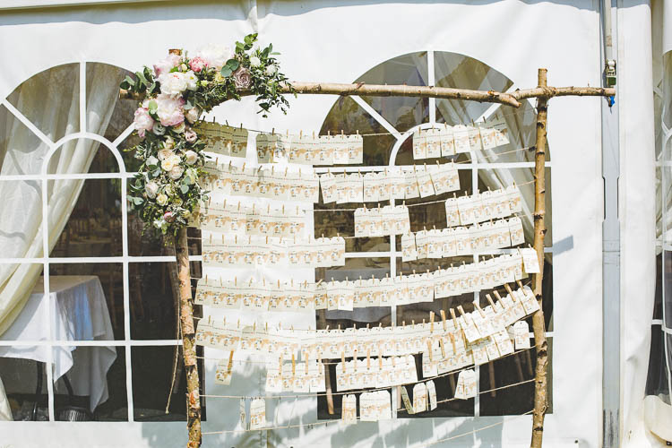 Seating Plan Table Chart Luggage Tag Pegs Branches Flowers DIY Pretty Pink Bluebell Woods Wedding http://kirstymackenziephotography.co.uk/