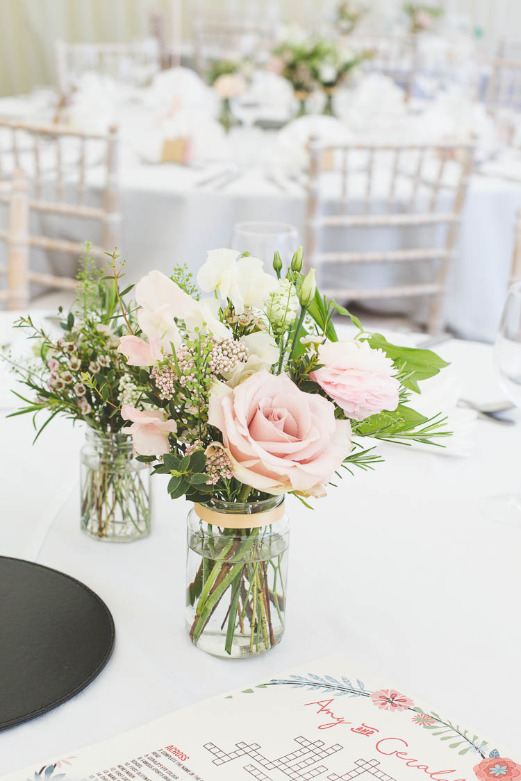 Jar Flowers Roses Centrepiece Decor DIY Pretty Pink Bluebell Woods Wedding http://kirstymackenziephotography.co.uk/