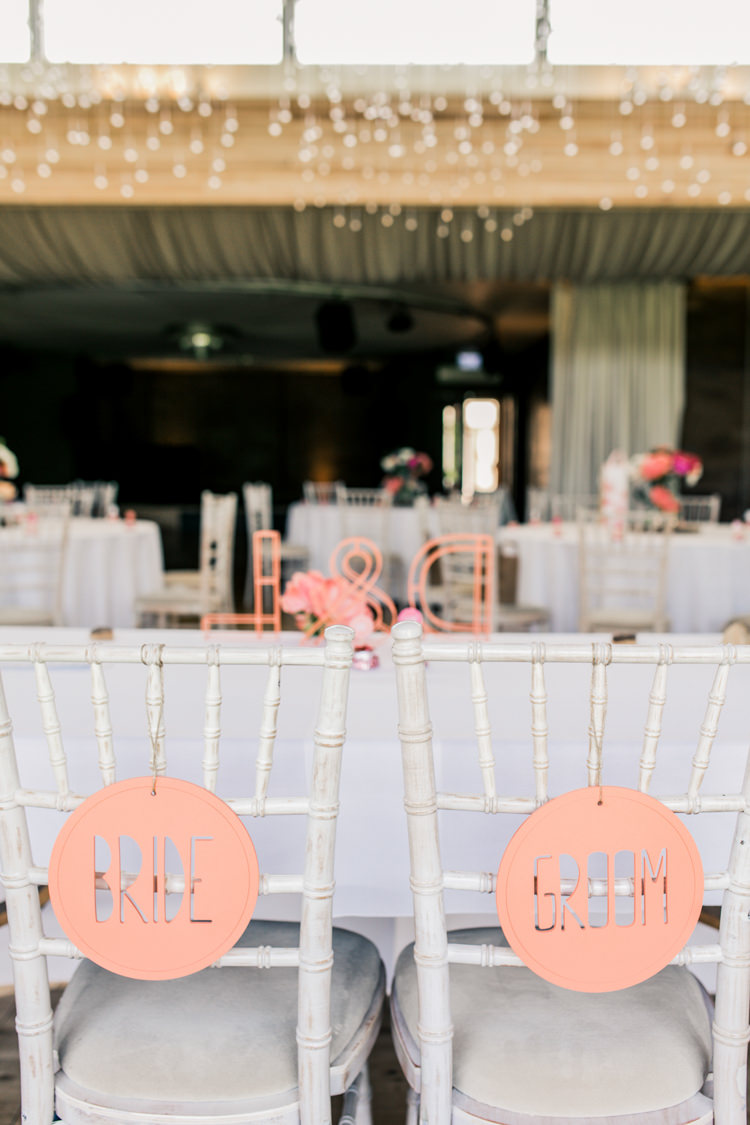 Bride Groom Chair Decor Signs Romantic Coral Summer Wedding http://www.ljm-photography.co.uk/
