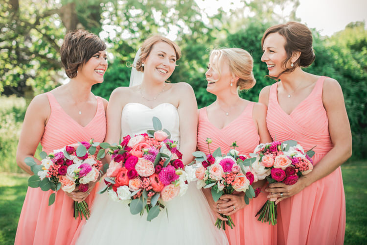 Bouquets Flowers Pink Peony Peonies Dahlia Roses Bride Bridal Bridesmaids Romantic Coral Summer Wedding http://www.ljm-photography.co.uk/