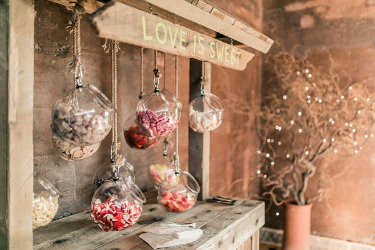 Hanging Sweets Sweetie Table Bar Rustic Wooden Cart Romantic Coral Summer Wedding http://www.ljm-photography.co.uk/