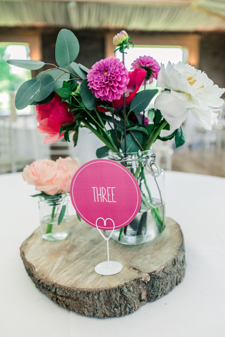 Jar Flowers Table Centrepiece Dahlia Rose Peony Pink White Decor Romantic Coral Summer Wedding http://www.ljm-photography.co.uk/