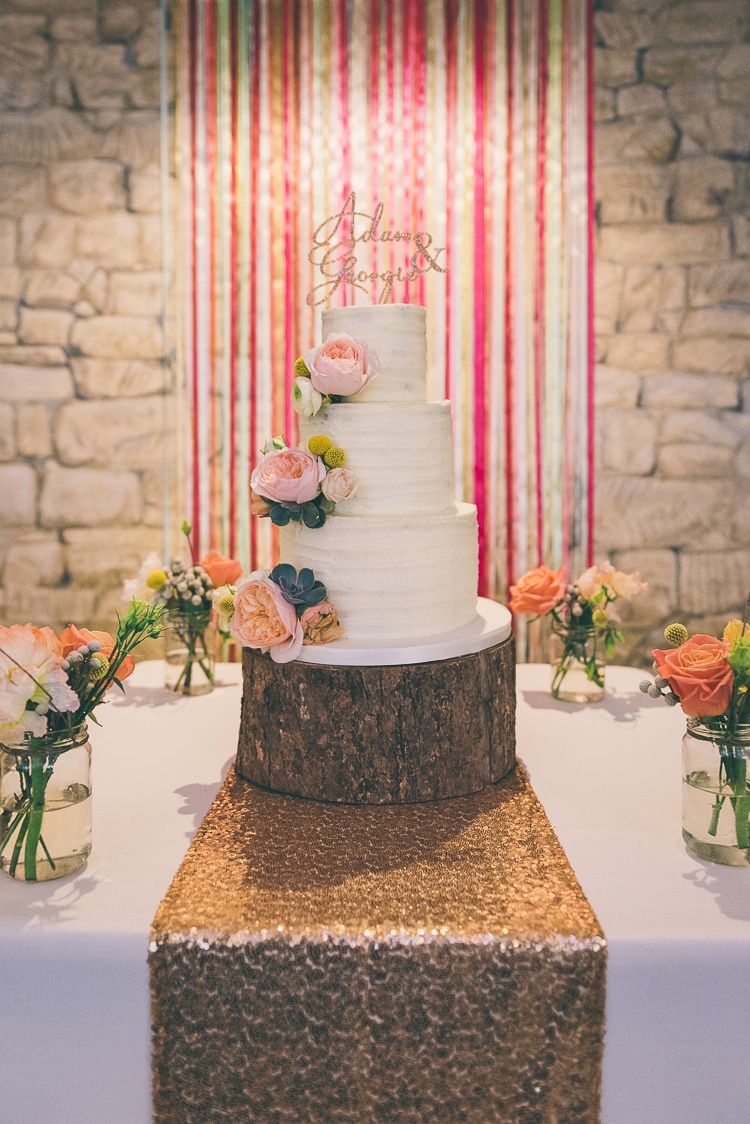 Ribbon Backdrop Butter Cream Cake Log Stand Sequin Cloth Runner Table Eclectic Colour Pop Barn Wedding http://www.robtarren.co.uk/