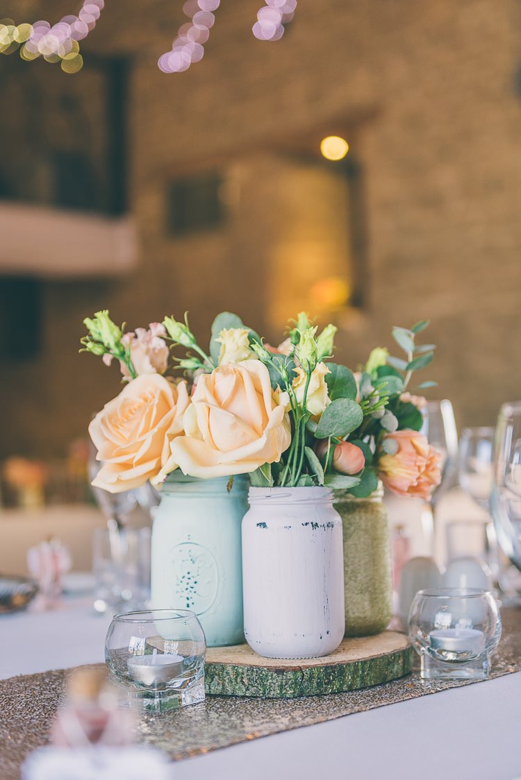 Pastel Painted Glitter Gold Jar Flowers Log Centrepiece Decor Table Spring Eclectic Colour Pop Barn Wedding http://www.robtarren.co.uk/