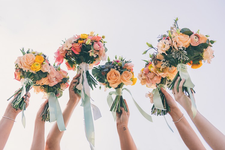 Coral Peony Peonies Roses Pink Blush Yellow Spring Flowers Bouquet Bride Bridal Bridesmaids Eclectic Colour Pop Barn Wedding http://www.robtarren.co.uk/