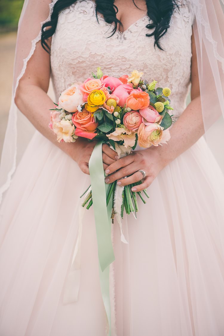 Coral Peony Peonies Roses Pink Blush Yellow Spring Flowers Bouquet Bride Bridal Eclectic Colour Pop Barn Wedding http://www.robtarren.co.uk/