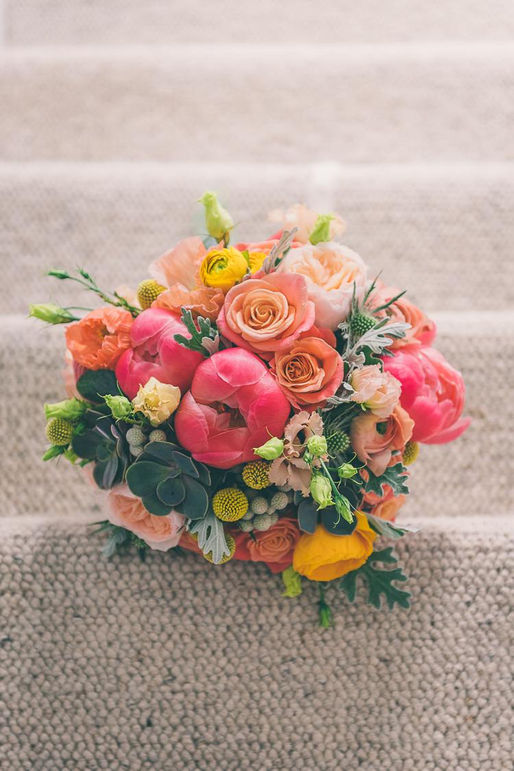 Coral Peony Peonies Roses Pink Blush Yellow Spring Flowers Bouquet Bride Bridal Eclectic Colour Pop Barn Wedding http://www.robtarren.co.uk/