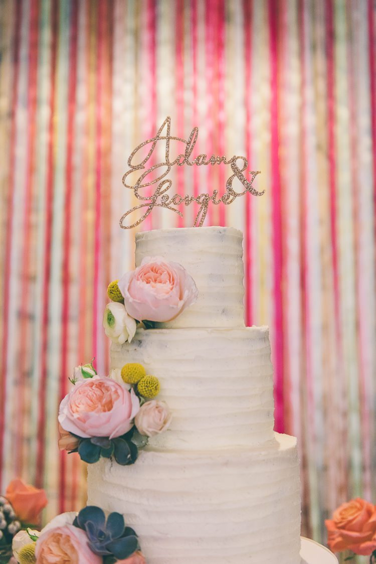 Ribbon Backdrop Cake Buttercream Flowers Eclectic Colour Pop Barn Wedding http://www.robtarren.co.uk/
