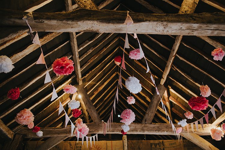 Red Heart Balloons Pink Pom Poms Bunting Magical Spring Barn Wedding http://www.ireneyapweddings.com/