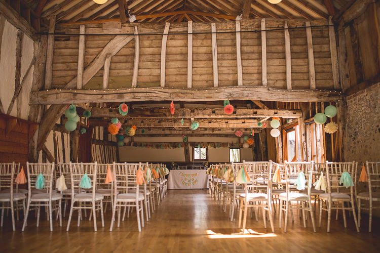 Pom Poms Tassels Ceremony Decor Mint Peach Rustic Barn Wedding http://hannahhallphotography.co.uk/