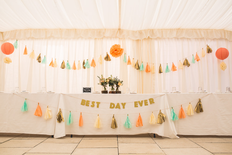 Tassel Garlands Pom Poms Banner Decor Top Table Mint Peach Rustic Barn Wedding http://hannahhallphotography.co.uk/