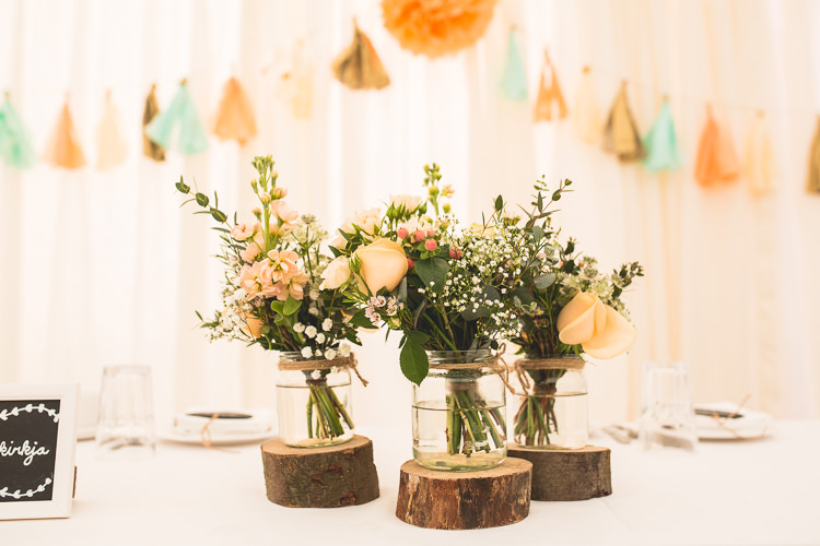 Jar FLowers Twine Log Centrepiece Mint Peach Rustic Barn Wedding http://hannahhallphotography.co.uk/
