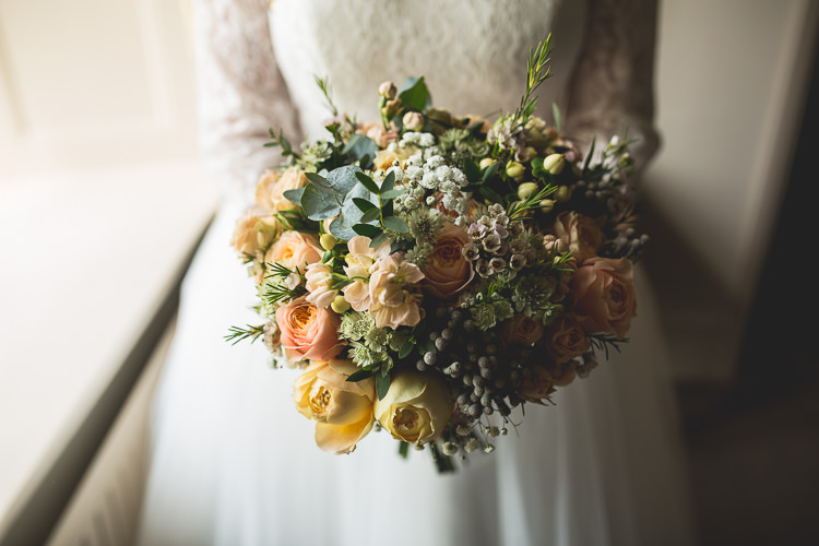 Bouquet Flowers Bride Bridal Wax Rose Gypsophila Mint Peach Rustic Barn Wedding http://hannahhallphotography.co.uk/