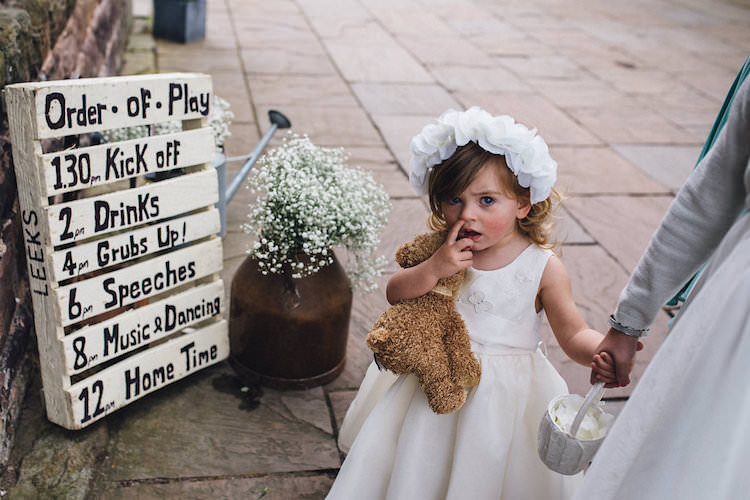 Flower Girl Dress Teddy White Crown Vintage Sports Rustic Yellow Barn Wedding http://www.redonblonde.com/