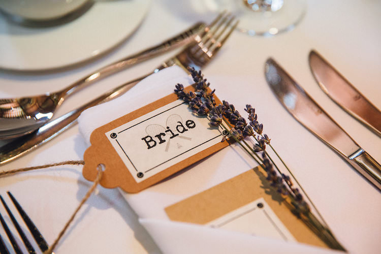Luggage Tag Lavender Place Name Setting Vintage Sports Rustic Yellow Barn Wedding http://www.redonblonde.com/