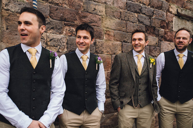 Tweed Waistcoats Chinos Groom Groomsmen Ties Vintage Sports Rustic Yellow Barn Wedding http://www.redonblonde.com/