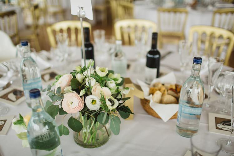 eucalyptus gypsophila anemones ranunculus table flowers centrepieces Chic City White Gold Wedding http://www.francessales.co.uk/