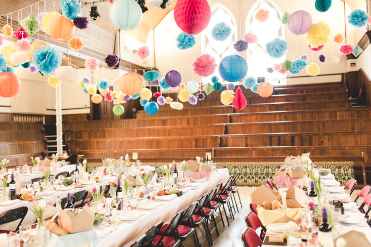 Pom Poms Lanterns Honeycomb Balls Decor Hall Bright Colourful Home Made Wedding http://www.jonturtle.co.uk/