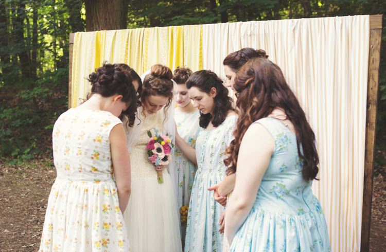 Bride Cap Sleeve Beaded Bridal Gown Bridesmaids Multicolour Vintage Floral Dresses Felt Bouquet Anemone Pink Blue Green Yellow Trees Artistic Whimsical Woodland Wedding http://www.adlivcollective.com/