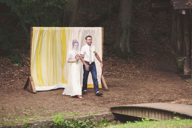 Bride Cap Sleeve Beaded Gown Felt Floral Bouquet Pink Shoes Entrance Yellow Curtain Trees Clearing Bridge Artistic Whimsical Woodland Wedding http://www.adlivcollective.com/