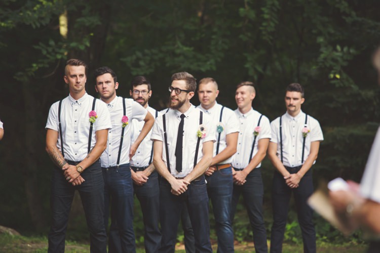 Outdoor Ceremony Groom Groomsmen White Shirt Black Suspenders Tie Jeans Felt Floral Button Hole Trees Artistic Whimsical Woodland Wedding http://www.adlivcollective.com/