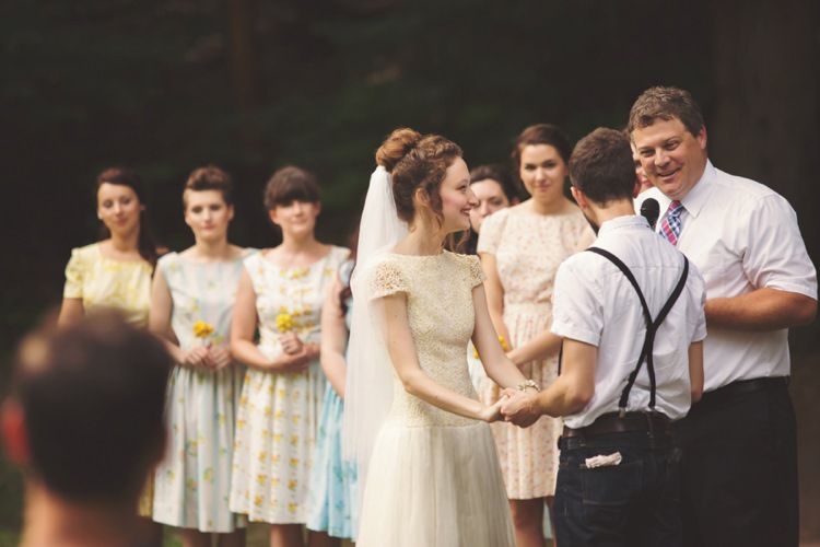 Outdoor Ceremony Bride Groom Bridesmaids Celebrant Artistic Whimsical Woodland Wedding http://www.adlivcollective.com/