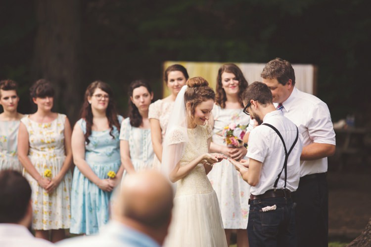 Outdoor Ceremony Bride Groom Bridesmaids Celebrant Rings Artistic Whimsical Woodland Wedding http://www.adlivcollective.com/