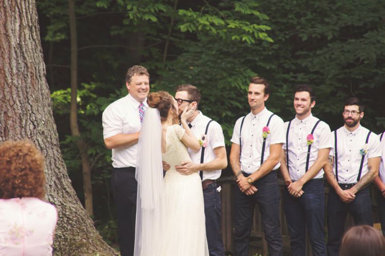 Outdoor Ceremony Bride Groom Kiss Groomsmen Celebrant Tree Artistic Whimsical Woodland Wedding http://www.adlivcollective.com/