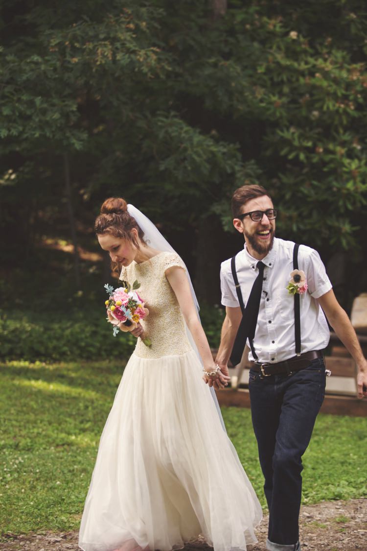 Bride Cap Sleeve Beaded Bridal Gown Felt Floral Bouquet Anemone Groom White Shirt Black Suspenders Tie Jeans Glasses Trees Grass Artistic Whimsical Woodland Wedding http://www.adlivcollective.com/
