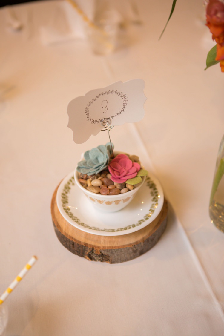 Reception Table Number Centrepiece Round Wood Vintage Tea Cup Plate Felt Flowers Artistic Whimsical Woodland Wedding http://www.adlivcollective.com/