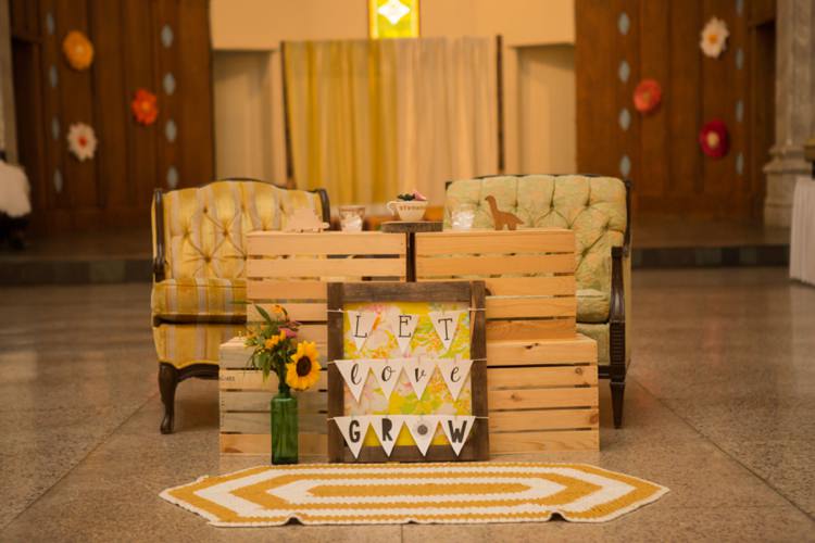Reception Vintage Chairs Let Love Grow Sign Sunflowers Hanging Décor Yellow Rug Artistic Whimsical Woodland Wedding http://www.adlivcollective.com/