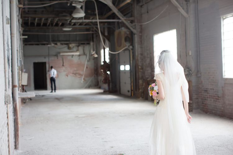 Groom Bride First Look Warehouse Artistic Whimsical Woodland Wedding http://www.adlivcollective.com/