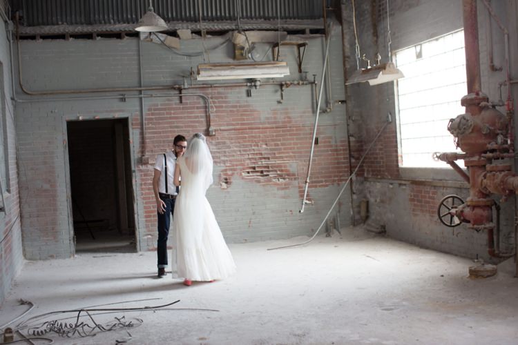 Groom Bride First Look Warehouse Artistic Whimsical Woodland Wedding http://www.adlivcollective.com/