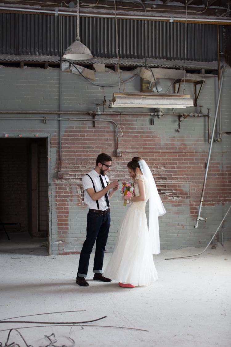First Look Groom White Shirt Suspenders Black Tie Jeans Bride Cap Sleeve Beaded Bridal Gown Veil Felt Floral Bouquet Artistic Whimsical Woodland Wedding http://www.adlivcollective.com/
