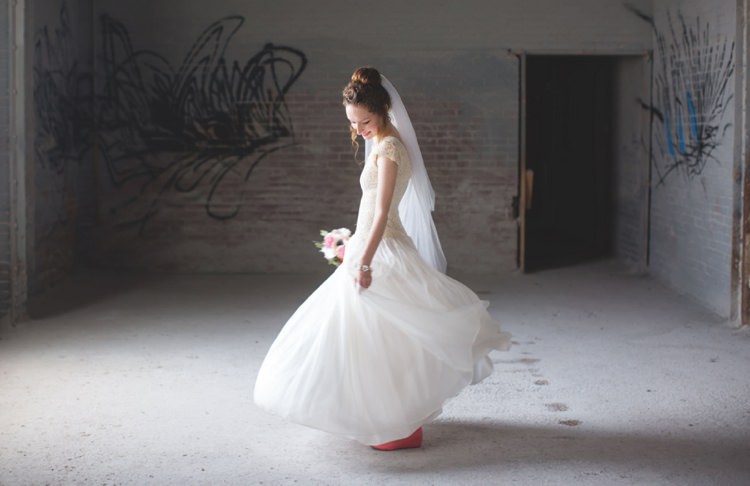 Bride Cap Sleeve Beaded Bridal Gown Veil Pink Shoes Felt Floral Bouquet Warehouse Graffiti Artistic Whimsical Woodland Wedding http://www.adlivcollective.com/