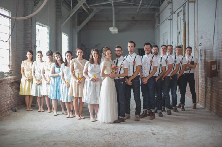 Bridal Party Bride Cap Sleeve Beaded Gown Bridesmaids Multicolour Floral Dresses Groom Groomsmen White Shirt Black Tie Felt Flowers Bouquet Artistic Whimsical Woodland Wedding http://www.adlivcollective.com/