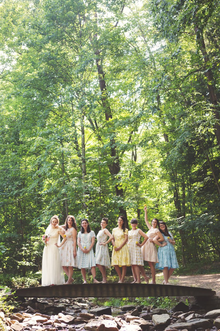 Bride Cap Sleeve Beaded Bridal Gown Felt Floral Bouquet Bridesmaids Multicolour Vintage Dresses Bridge Trees Artistic Whimsical Woodland Wedding http://www.adlivcollective.com/
