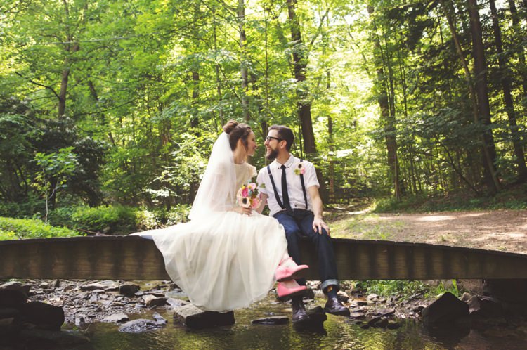 Bride Cap Sleeve Beaded Gown Veil Felt Floral Bouquet Anemone Pink Shoes Groom White Shirt Black Suspenders Tie Jeans Glasses Bridge Trees Artistic Whimsical Woodland Wedding http://www.adlivcollective.com/