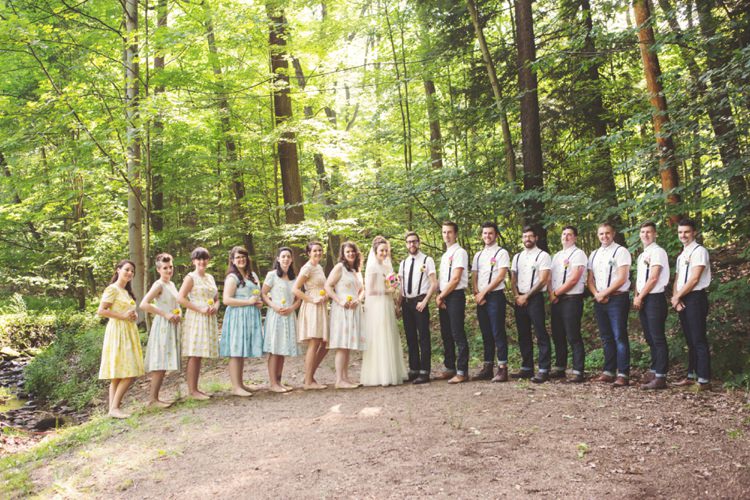 Bridal Party Bride Groom Bridesmaids Groomsmen Clearing Trees Sunlight Artistic Whimsical Woodland Wedding http://www.adlivcollective.com/