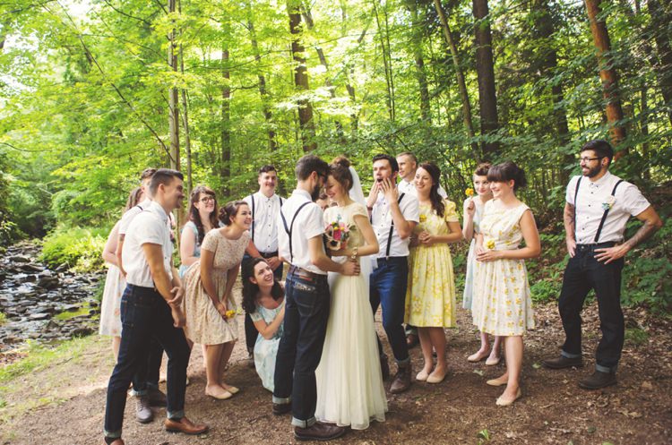 Bridal Party Bride Groom Bridesmaids Groomsmen Felt Flowers Bouquet Button Holes Clearing Trees Sunlight Artistic Whimsical Woodland Wedding http://www.adlivcollective.com/