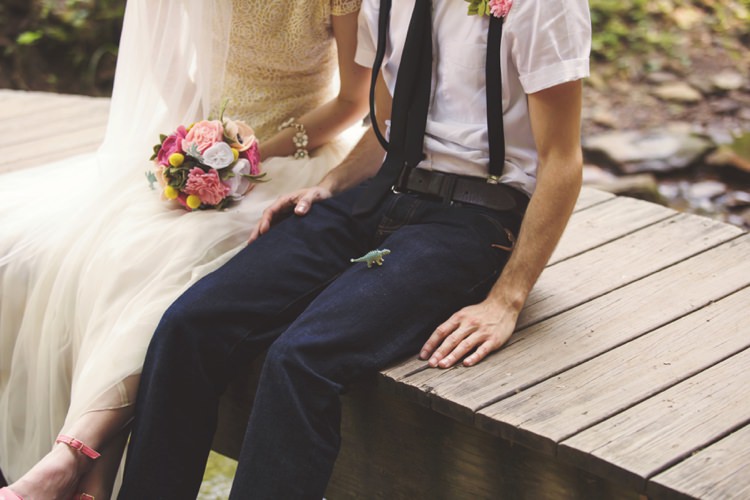 Bride Groom Felt Floral Bouquet Button Hole Anemone Pink Yellow Green Blue Dinosaur Bridge Artistic Whimsical Woodland Wedding http://www.adlivcollective.com/