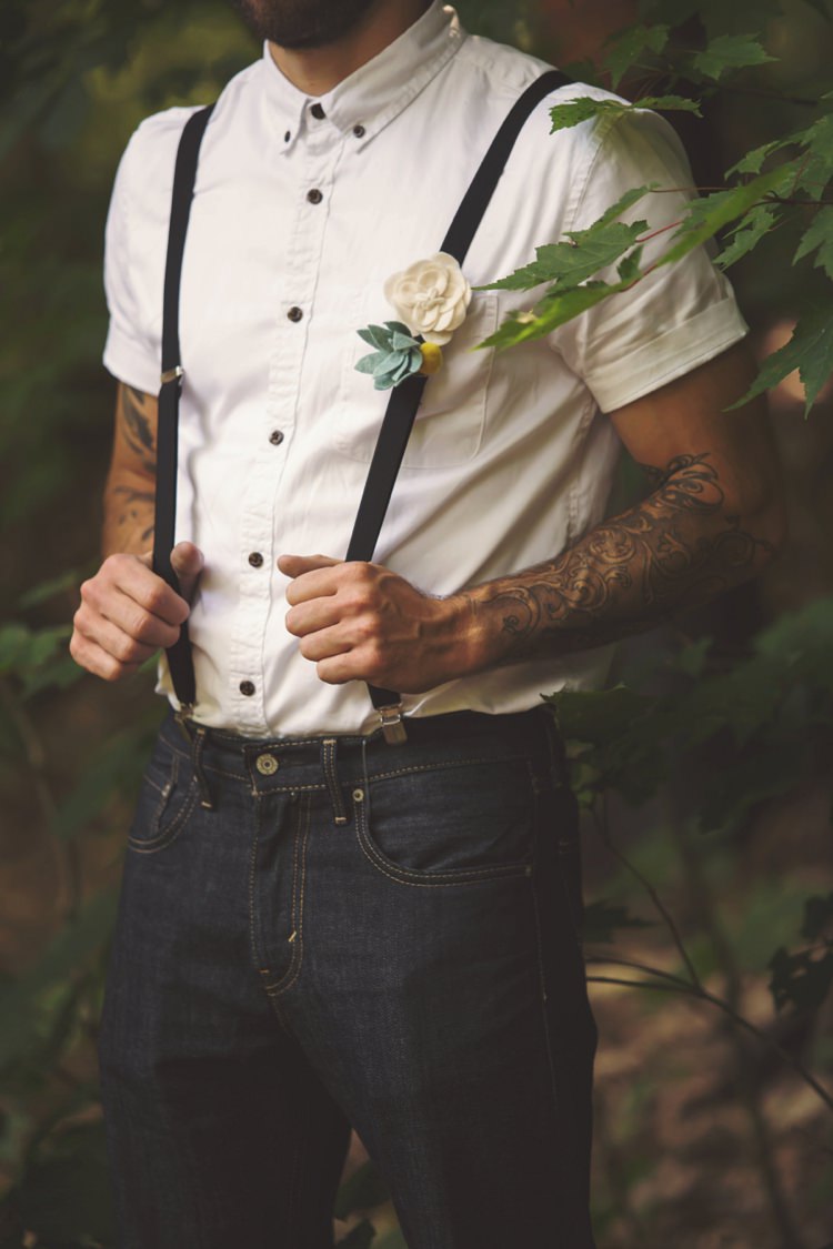 Groomsman White Shirt Black Suspenders Jeans Felt Floral Button Hole Tattoos Artistic Whimsical Woodland Wedding http://www.adlivcollective.com/