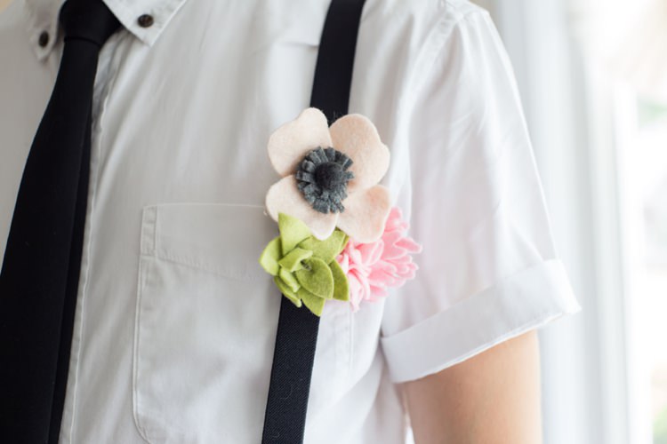 Groom Felt Floral Button Hole Flower Anemone Pink Green Black Suspenders Tie Artistic Whimsical Woodland Wedding http://www.adlivcollective.com/