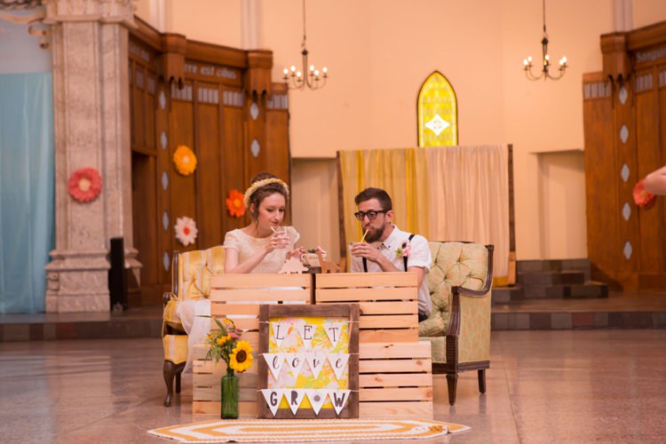 Reception Bride Floral Crown Groom Vintage Chairs Let Love Grow Wooden Bunting Sign Sunflowers Hanging Décor Yellow Rug Artistic Whimsical Woodland Wedding http://www.adlivcollective.com/