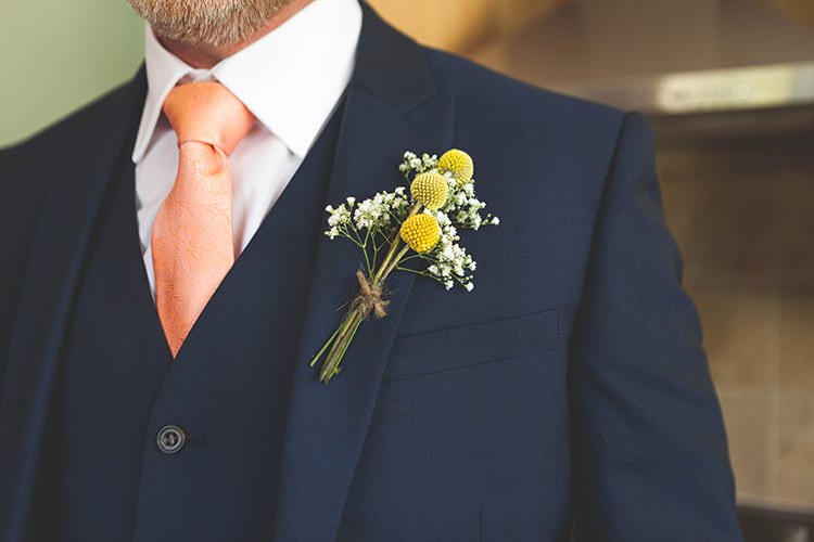 Billy Ball Gyp Gypsophila Buttonhole Groom Navy Yellow Sunflowers Brewery Wedding http://www.jemmakingphotography.co.uk/