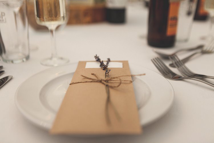 Place Setting Lavender Twine Kraft Brown Paper Menu Navy Yellow Sunflowers Brewery Wedding http://www.jemmakingphotography.co.uk/